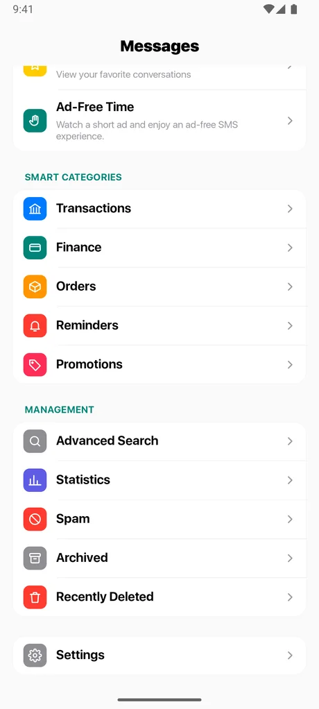 Smart Categories in Messages - SMS Texting: Transactions, Finance, Orders, Reminders and Promotions, plus Advanced Search, Spam and Archived