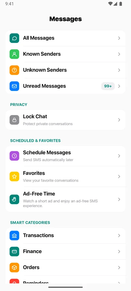 Messages home screen with All Messages, Known Senders, Unknown Senders, Unread, Lock Chat, Schedule Messages and Favorites