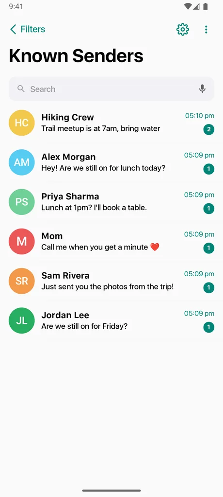 Known Senders list in Messages - SMS Texting showing conversations with contact avatars, previews and unread counts