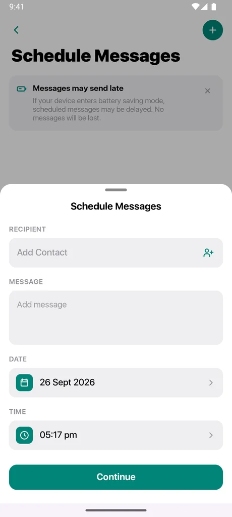 Schedule Messages form in Messages - SMS Texting with recipient, message, date and time fields