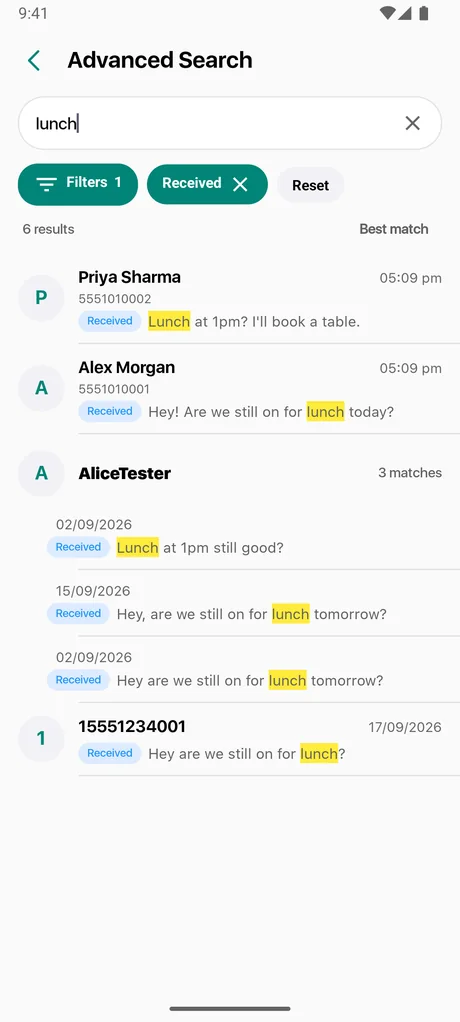 Advanced Search in Messages - SMS Texting showing highlighted results for the word lunch