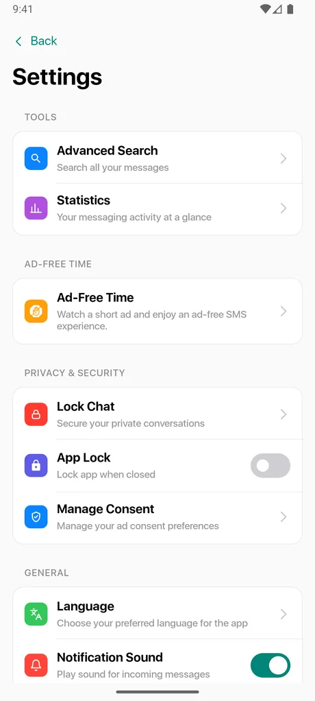 Settings screen in Messages - SMS Texting showing Advanced Search, Statistics, Ad-Free Time, Lock Chat, App Lock and Language