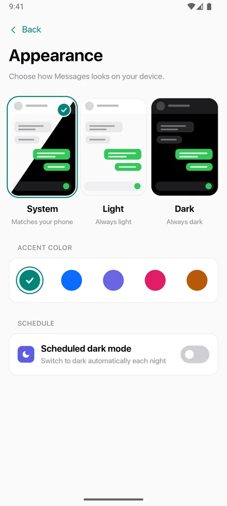 Appearance settings in Messages - SMS Texting with System, Light and Dark themes, accent colors and scheduled dark mode